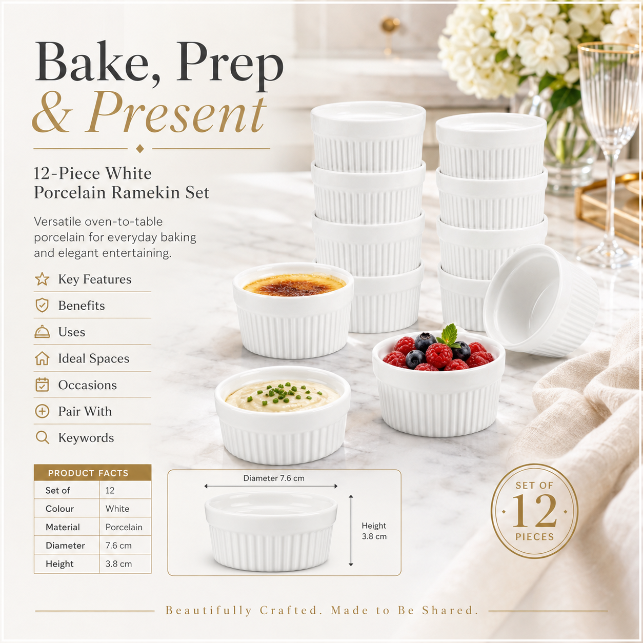 White Porcelain Ramekins Set of 12–Classic Ribbed Dessert and Baking Bowls
