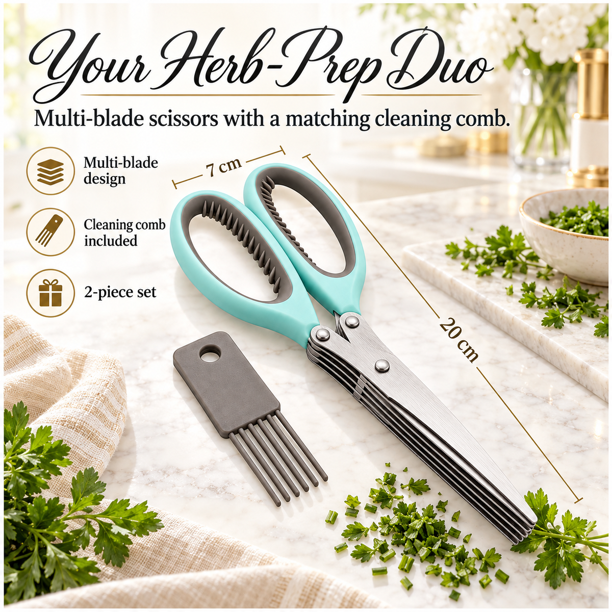 Multi-Blade Herb Scissors and Cleaning Comb Set-2 Piece ,Blue and Grey-20cm