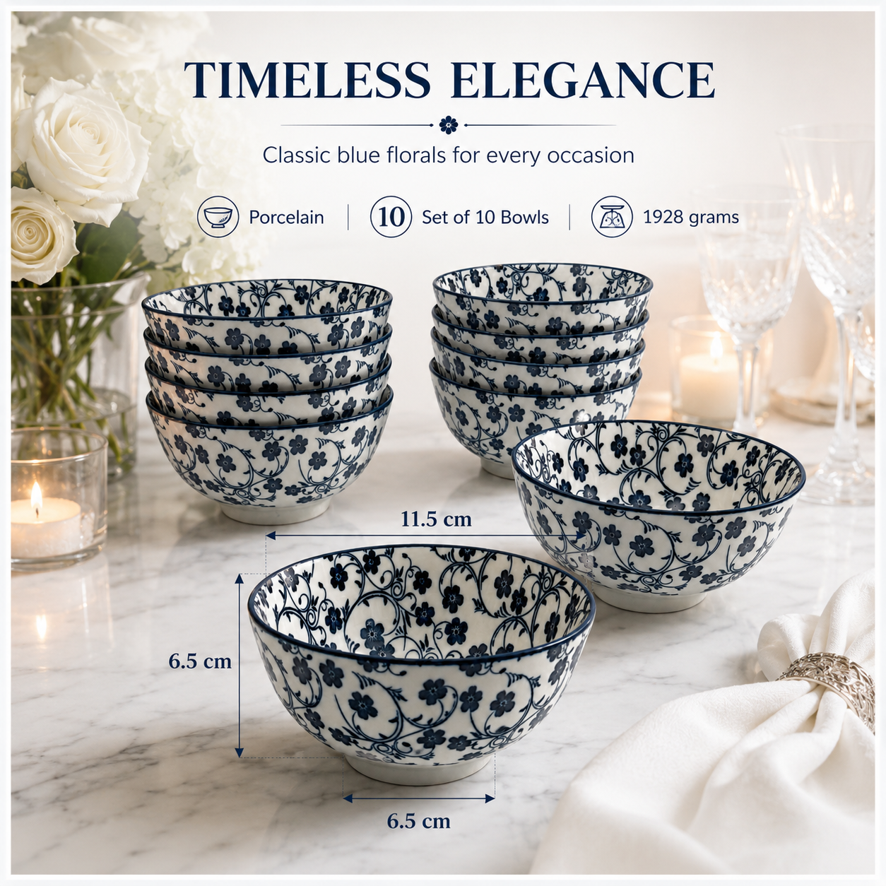 Elegant 10-Piece Blue and White Porcelain Starter Bowl Set