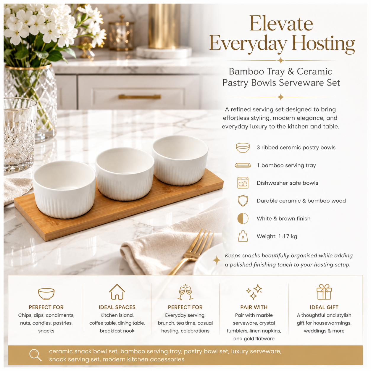 Elegant 4 Piece Bamboo Tray and Ceramic Pastry Bowls -Classic Serveware Set