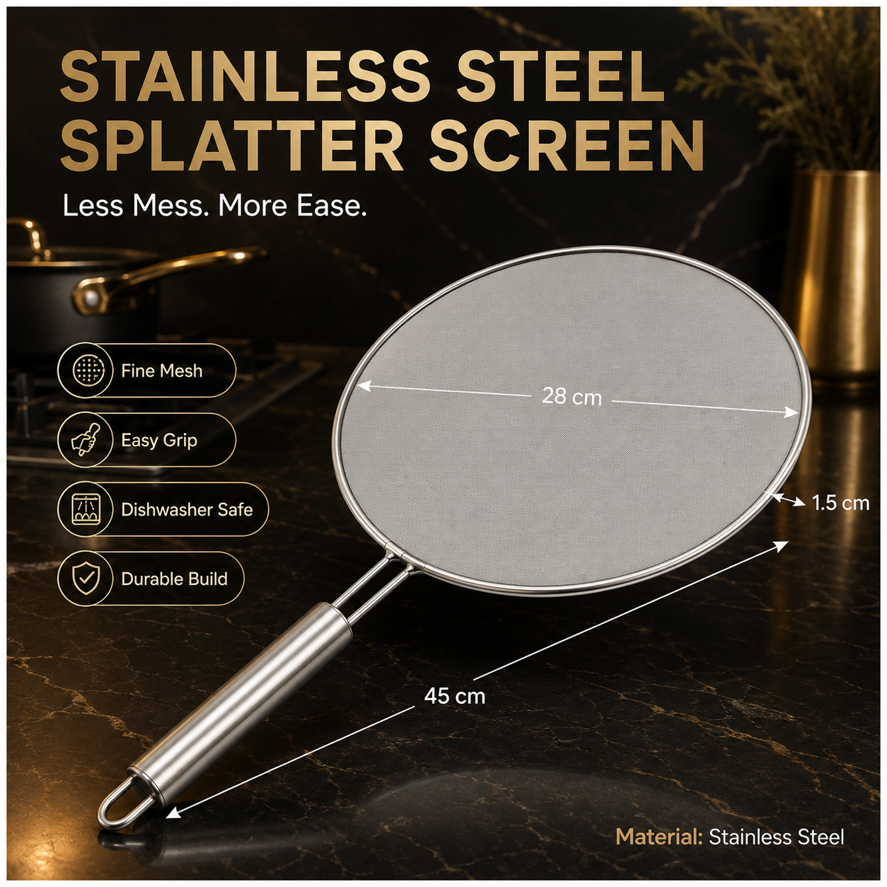 Essential 28cm Stainless Steel Splatter Screen with Easy-Grip Handle