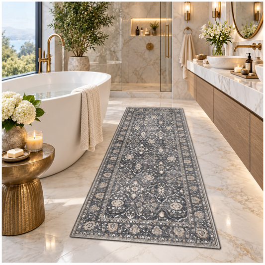 Stone-Washed Vintage Persian Runner Rug 60 x 152cm–Charcoal Grey and Ivory