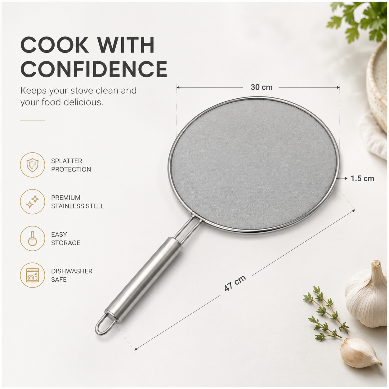 30cm Stainless Steel Splatter Screen with Easy-Grip Handl