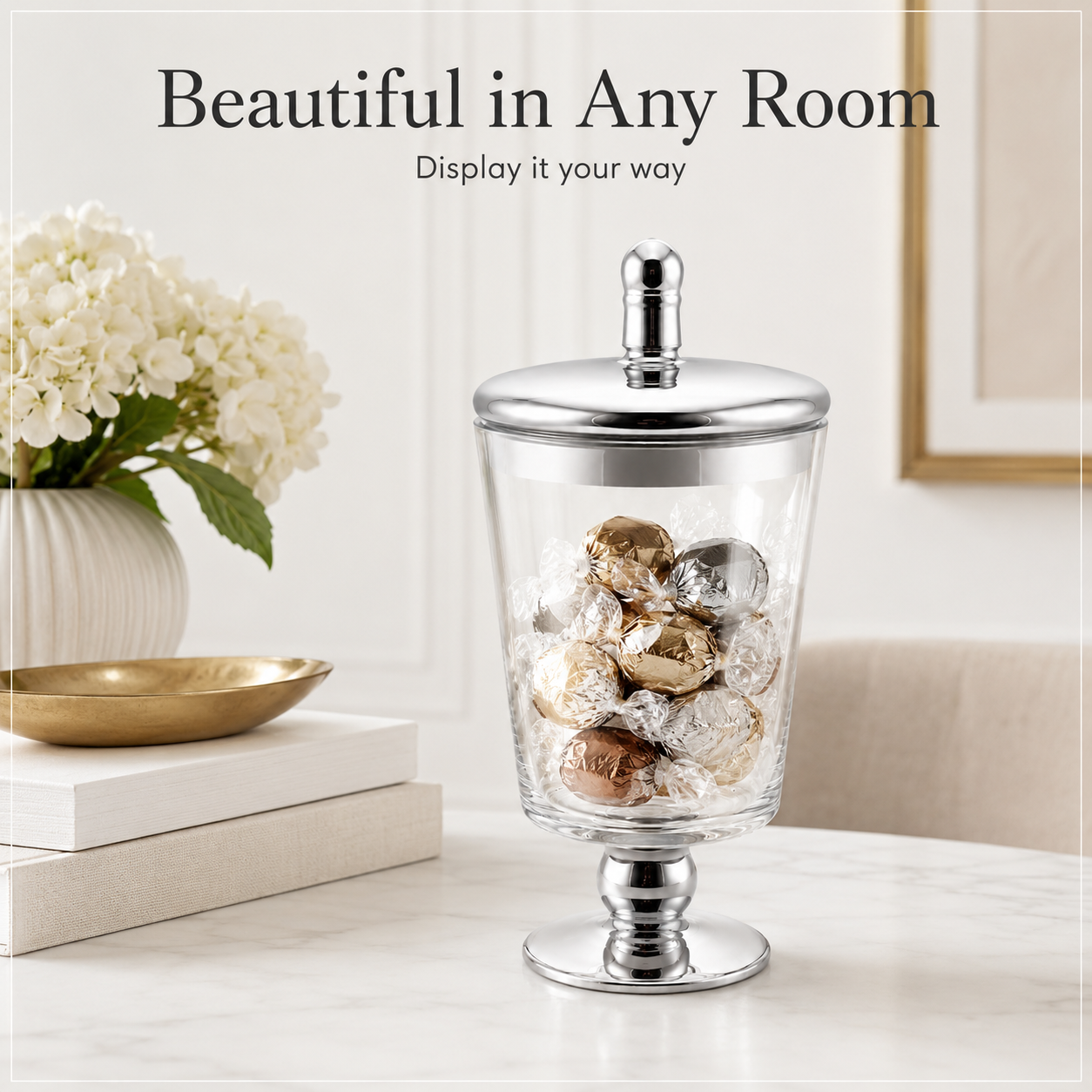 Elegant Decorative Glass Jar with Mirrored Silver Lid and base – 23.5cm