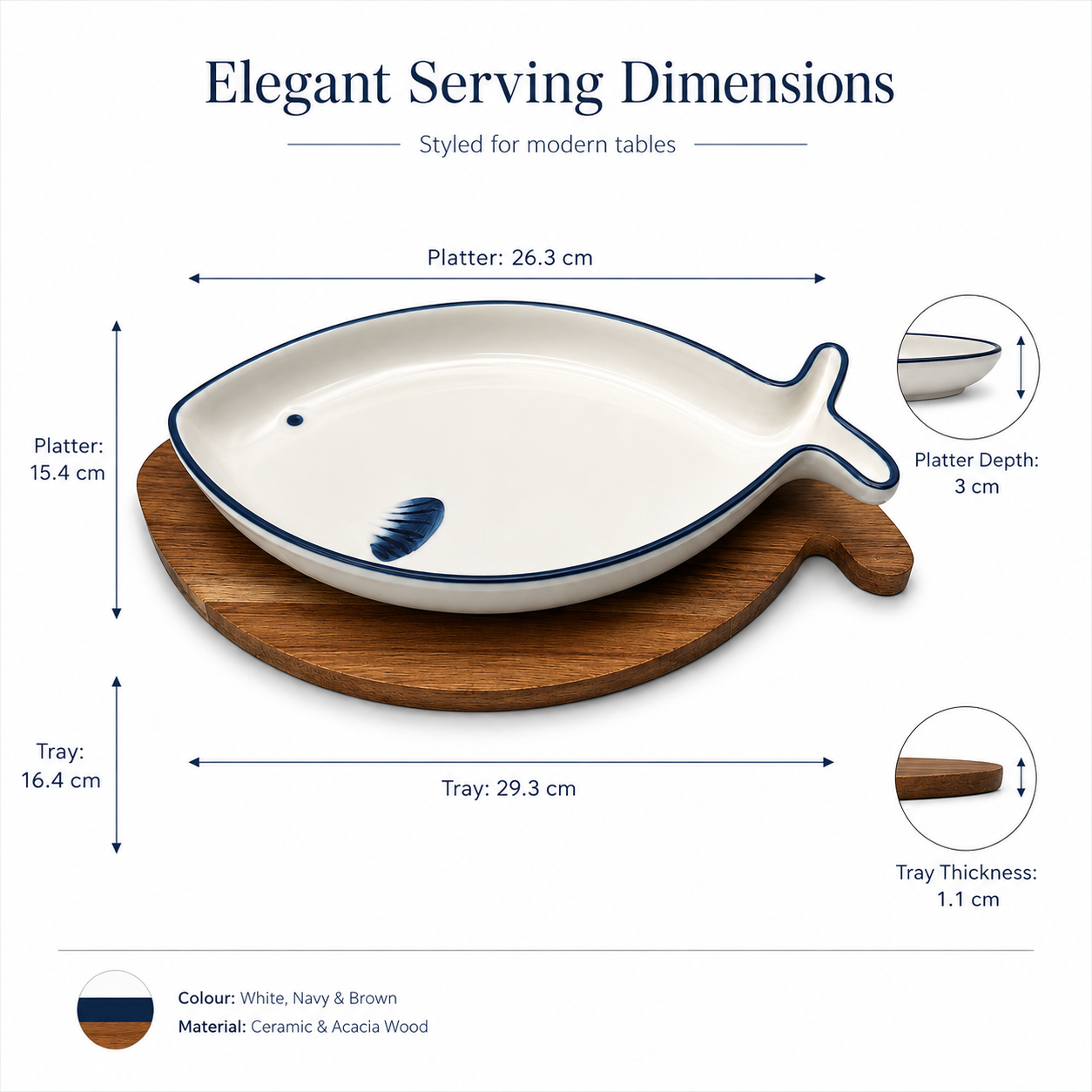Fish Shaped Snack Serving Platter with Wooden Tray – Ceramic & Acacia Wood Serveware Set
