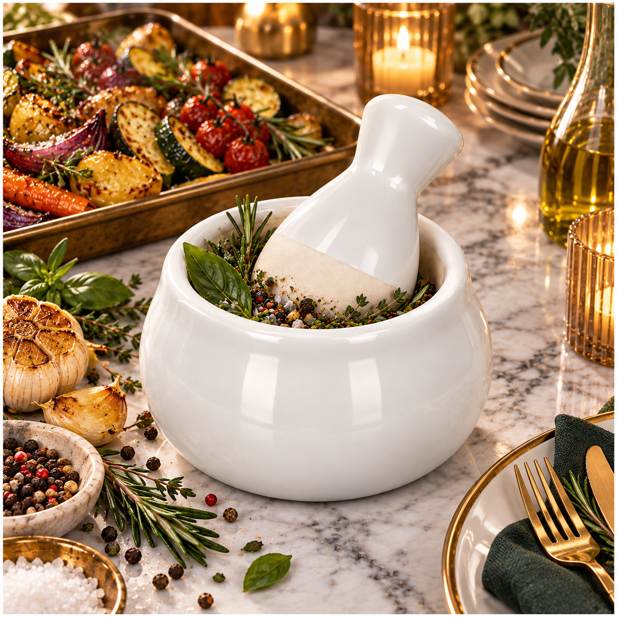 Mini Ceramic Mortar and Pestle Set - White Cream - Herb and Spice Grinder