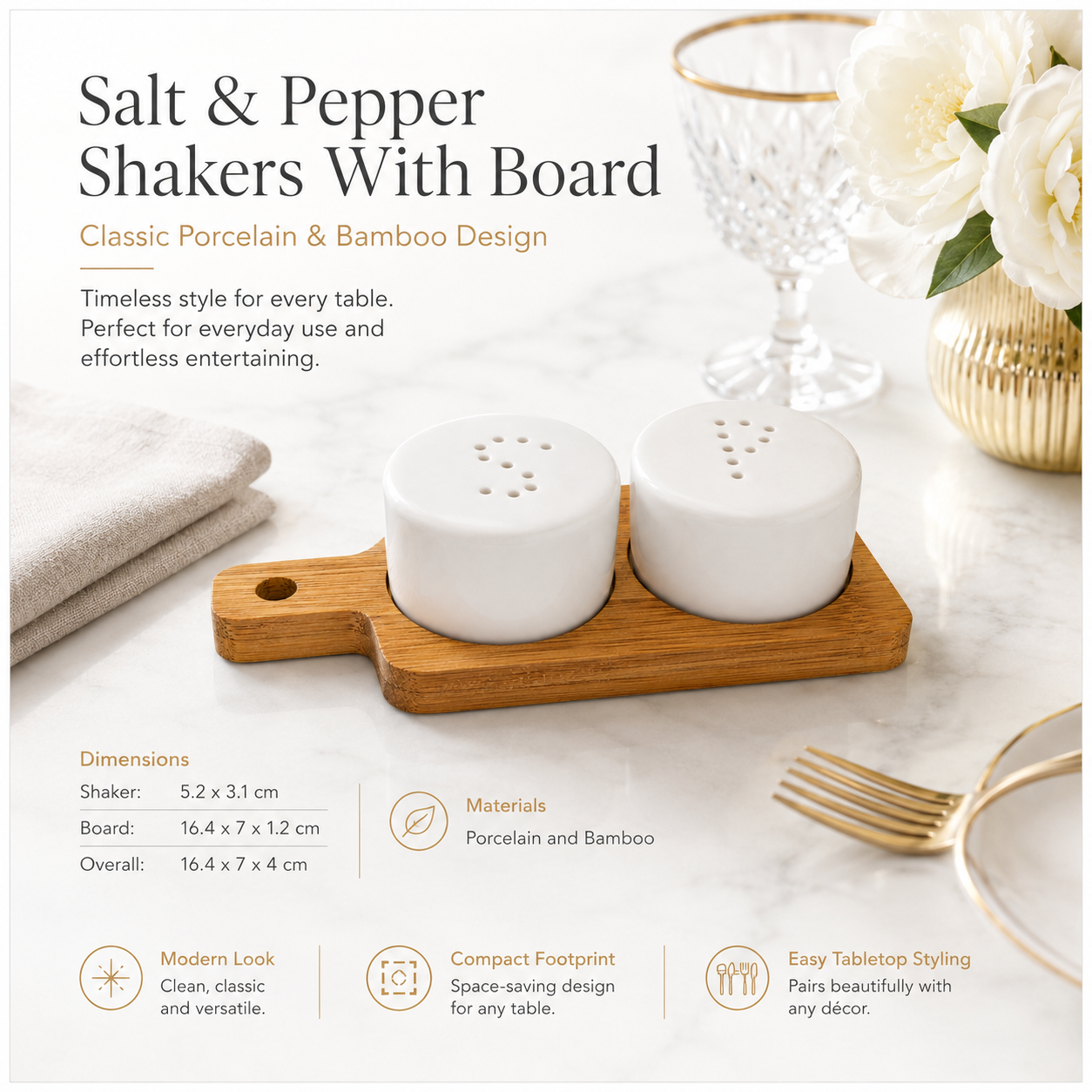 Classic Salt and Pepper Shakers with Bamboo Board – 3 Piece Porcelain Set
