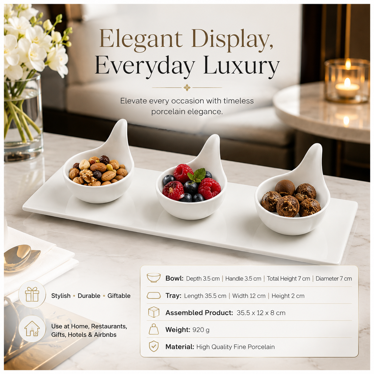Luxury 3-Piece High Quality Fine Porcelain Serving Bowl and Tray Set- White