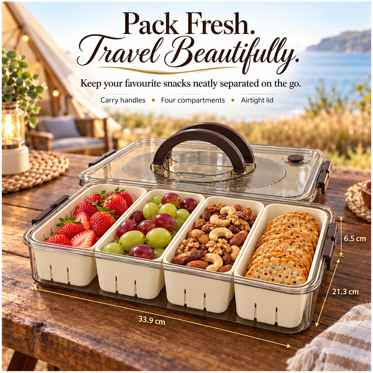 Portable 4-Compartment Snack Platter for Home, Picnics, Parties and Travel