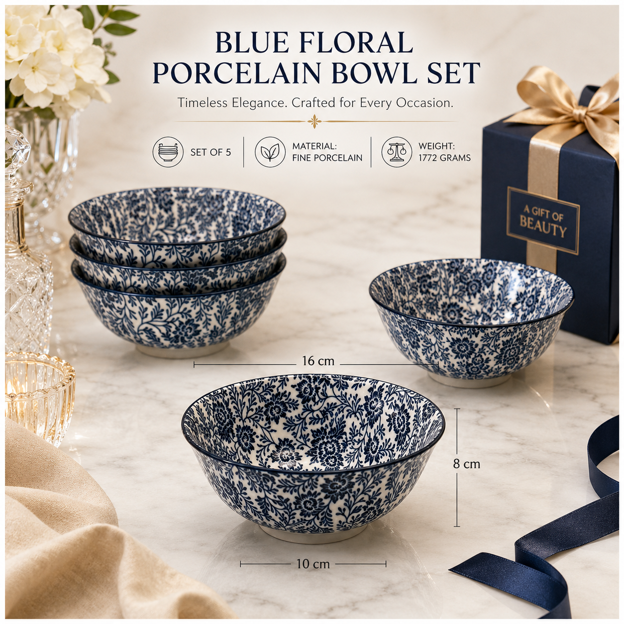 Elegant 5-Piece Blue Floral Fine Porcelain Bowl Set – Fine Dining - 16 cm