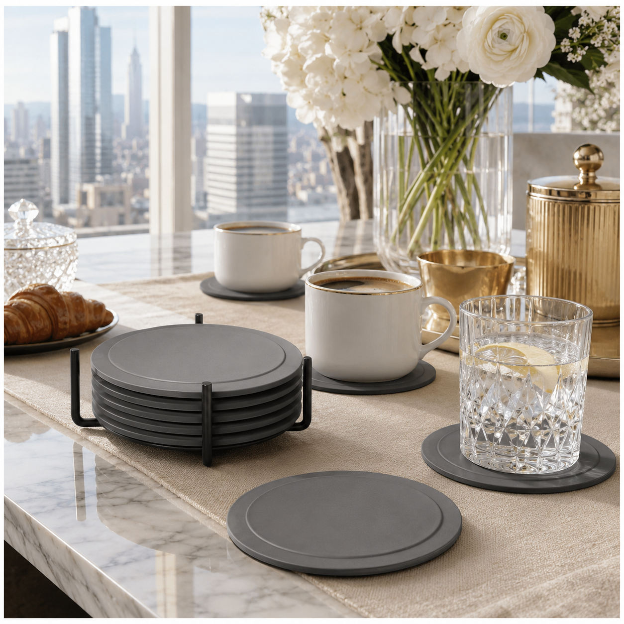 Grey Silicone Drink Coaster Set with Space - 6 Piece Set With Metal Holder