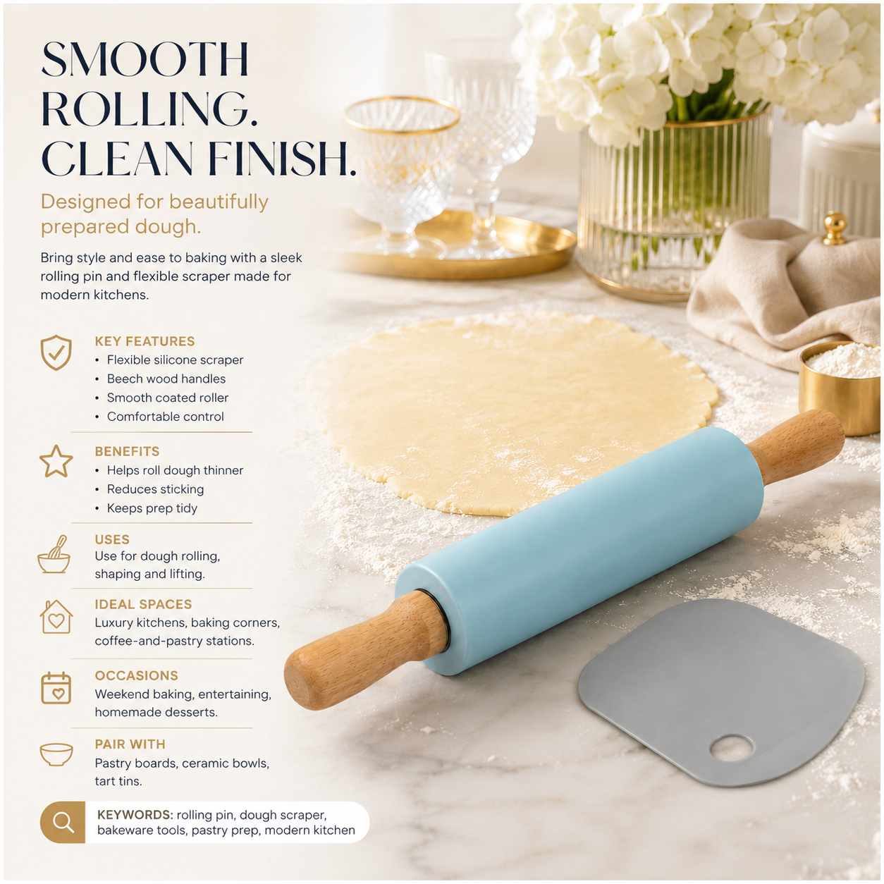 A stylish baking set made for rolling, shaping, lifting and scraping