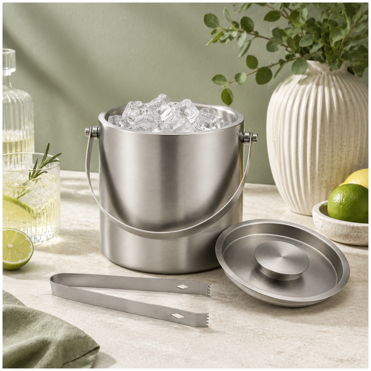 Stainless Steel Ice Basket with Tongs and Lid – 2.8L - 19 x 19 x 17.5 cm