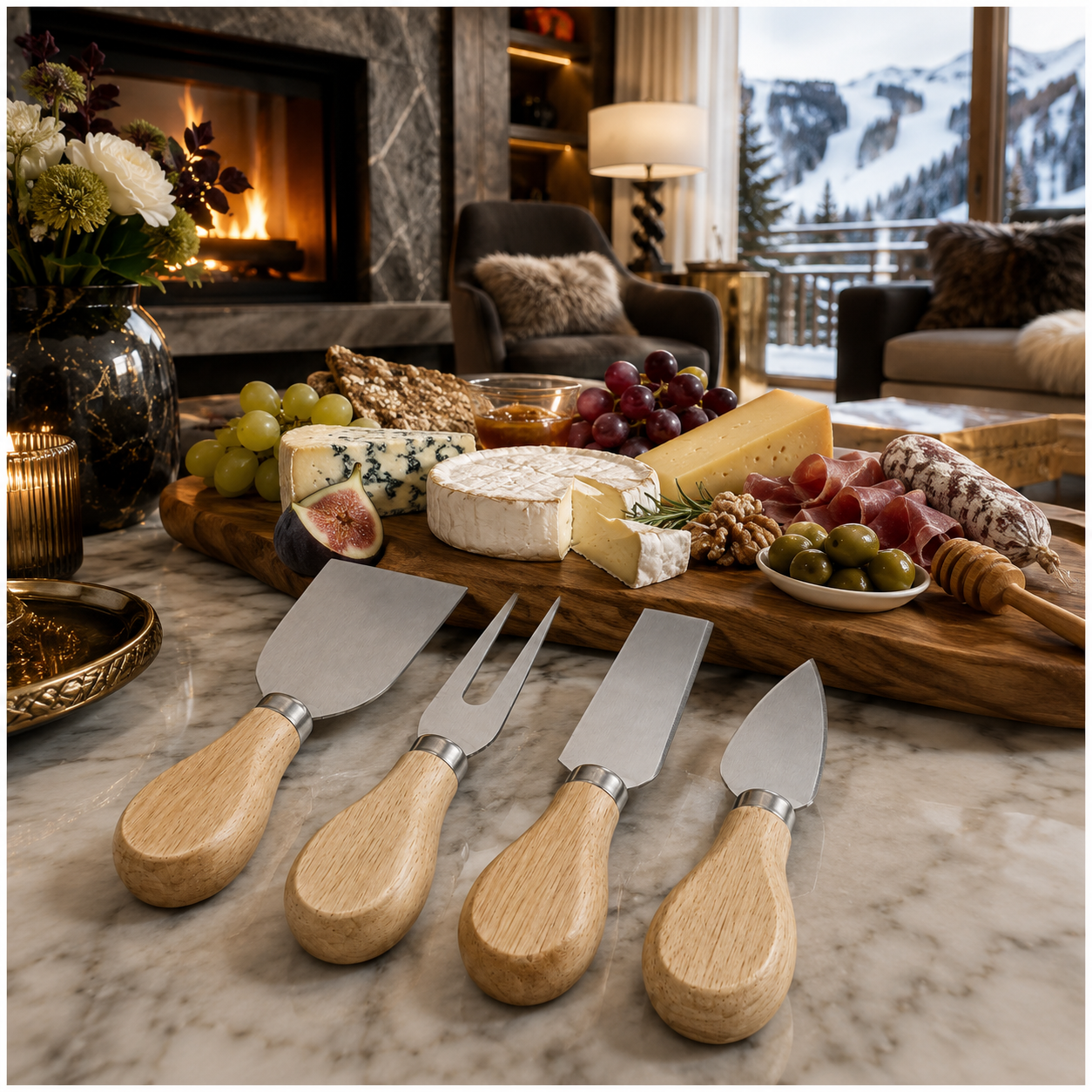 4-Piece Beech Wood Cheese Knife Serving Set - 12 cm