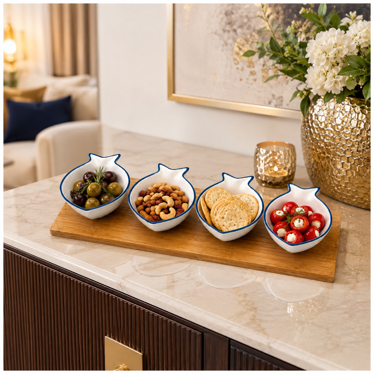 Ceramic Fish Shaped Snack Serving Bowl Set with Acacia Wooden Tray -5 Piece