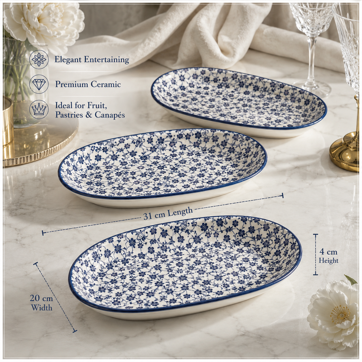 Elegant Blue and White Ceramic Serving Platter Set – Set of 3 - 30 cm