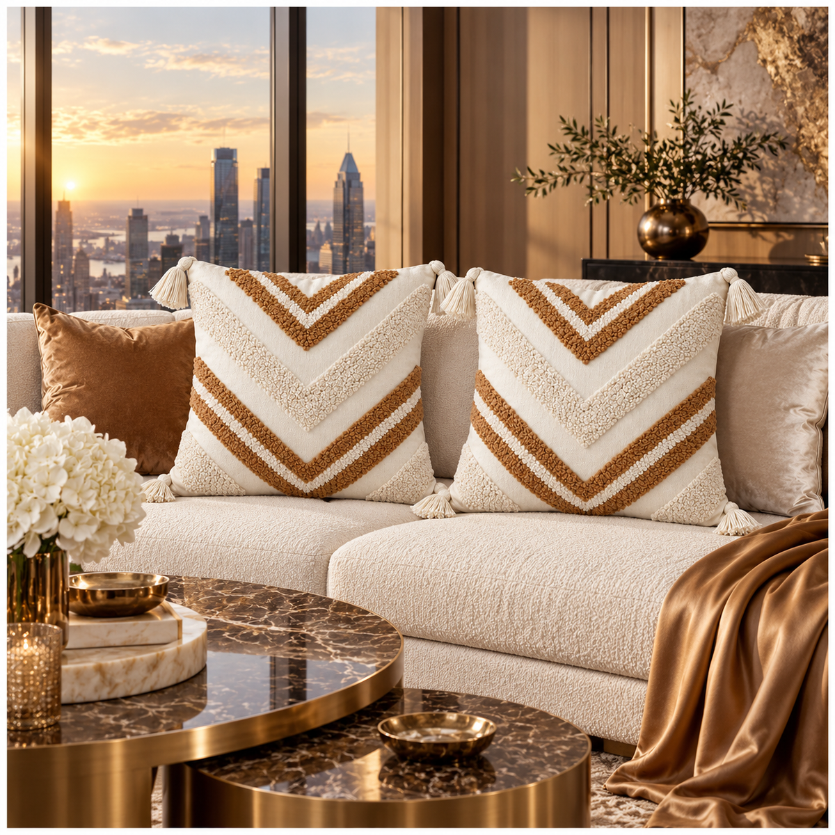 Elegant Set of 2 Boho Woven-Look Chevron Cushion Covers–Textured-45 x 45 cm