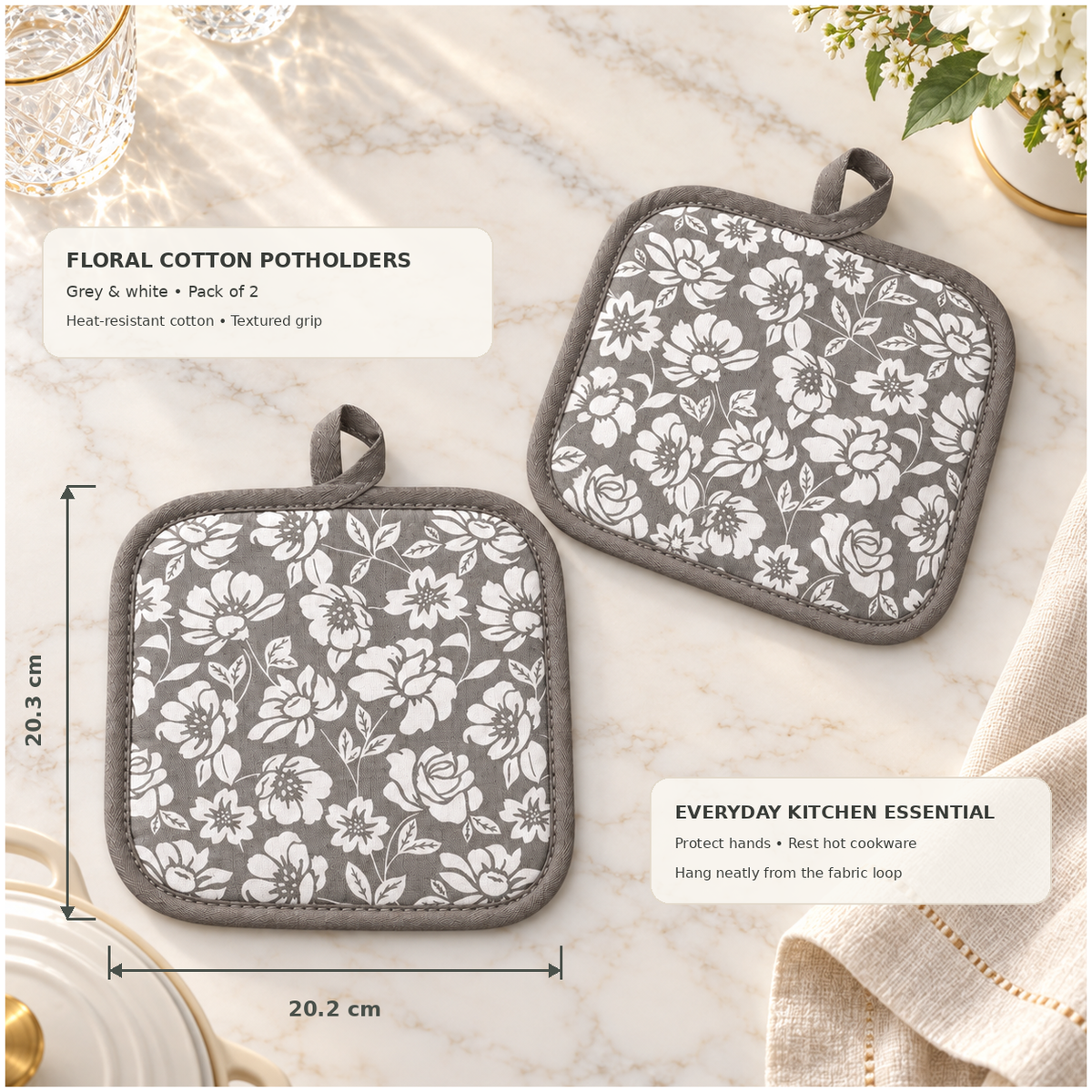 Essential Heat-Resistant Cotton Potholder Set of 2 – Grey and White - 20 cm