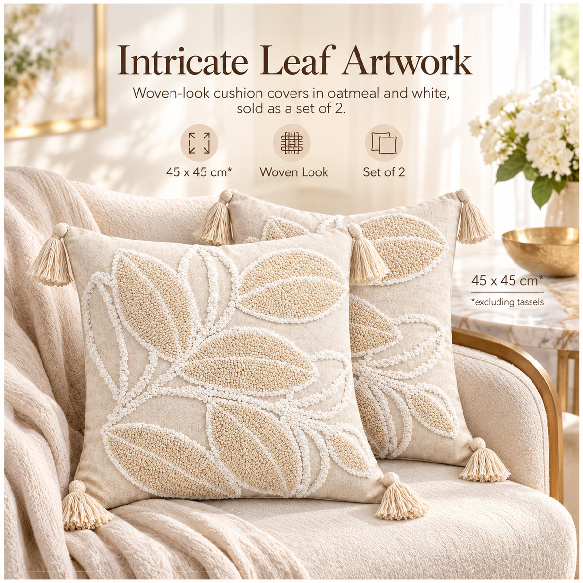 Elegant Set of 2 Cushion Covers-Leaf Design- 45 x 45 cm- Oatmeal and White