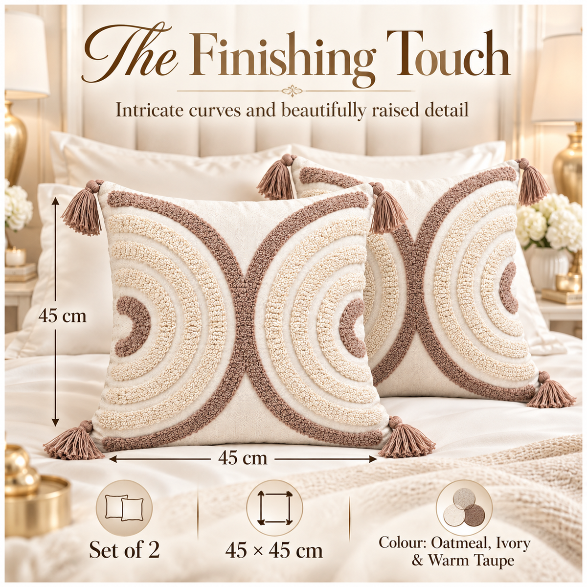 Elegant Set of 2 Tassel Cushion Covers – Oatmeal and Warm Taupe 45 x 45 cm