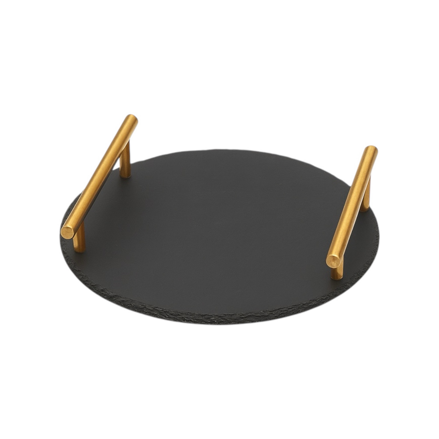 Midnight Slate Round Serving Tray With Metallic Gold Handles