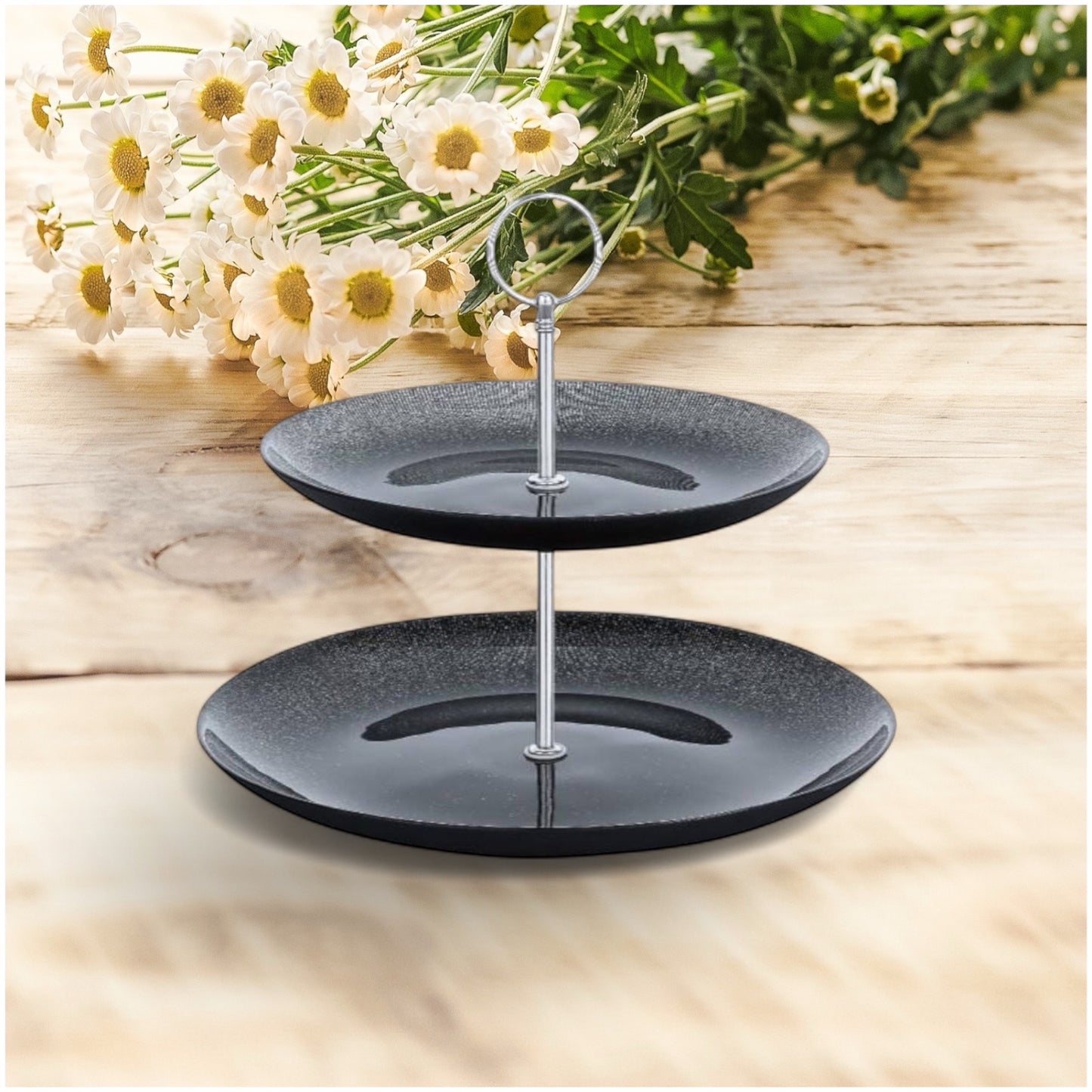 2-Tier Black Glass Dessert Stand – Elegant Serving Tray for Cakes, Pastries & High Tea