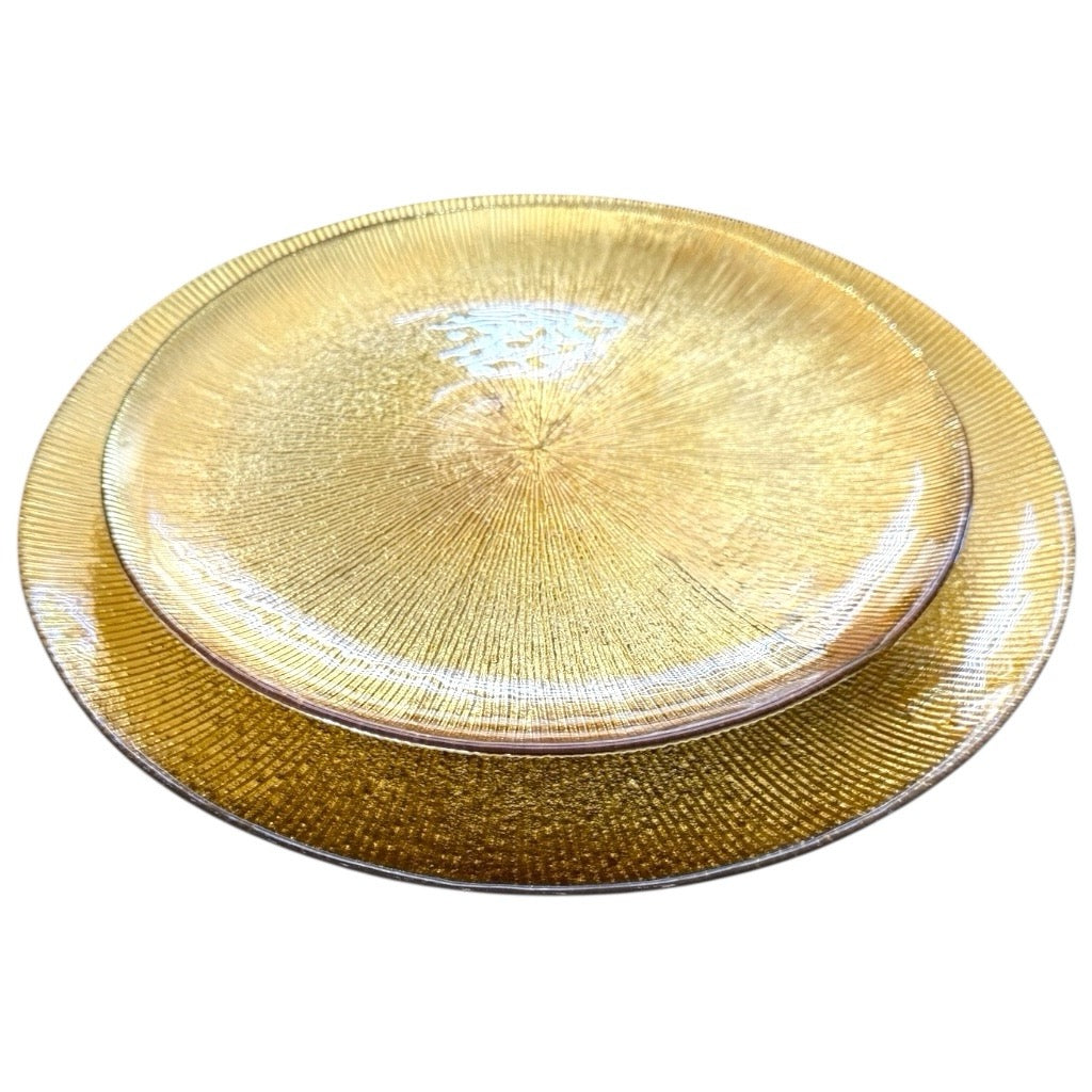 Luxury Shimmer Gold Glass Dinner Plates – 27 cm & 33 cm Set | Elegant Textured Finish for Modern Dining & Entertaining