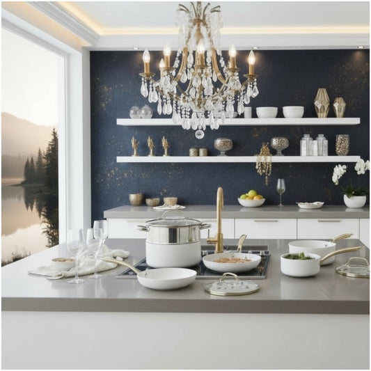 Luxurious Edition Off-White & Gold 12-Piece Ceramic Non-Stick Cookware Set