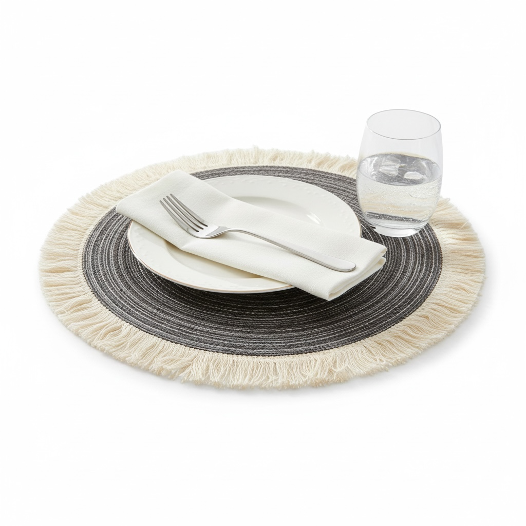 Stylish Set of Four Round Woven look Placemats–Natural Fibre Fringe Design