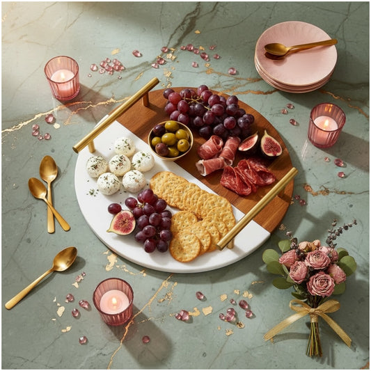 Marble and Wooden Platter with Gold Handles