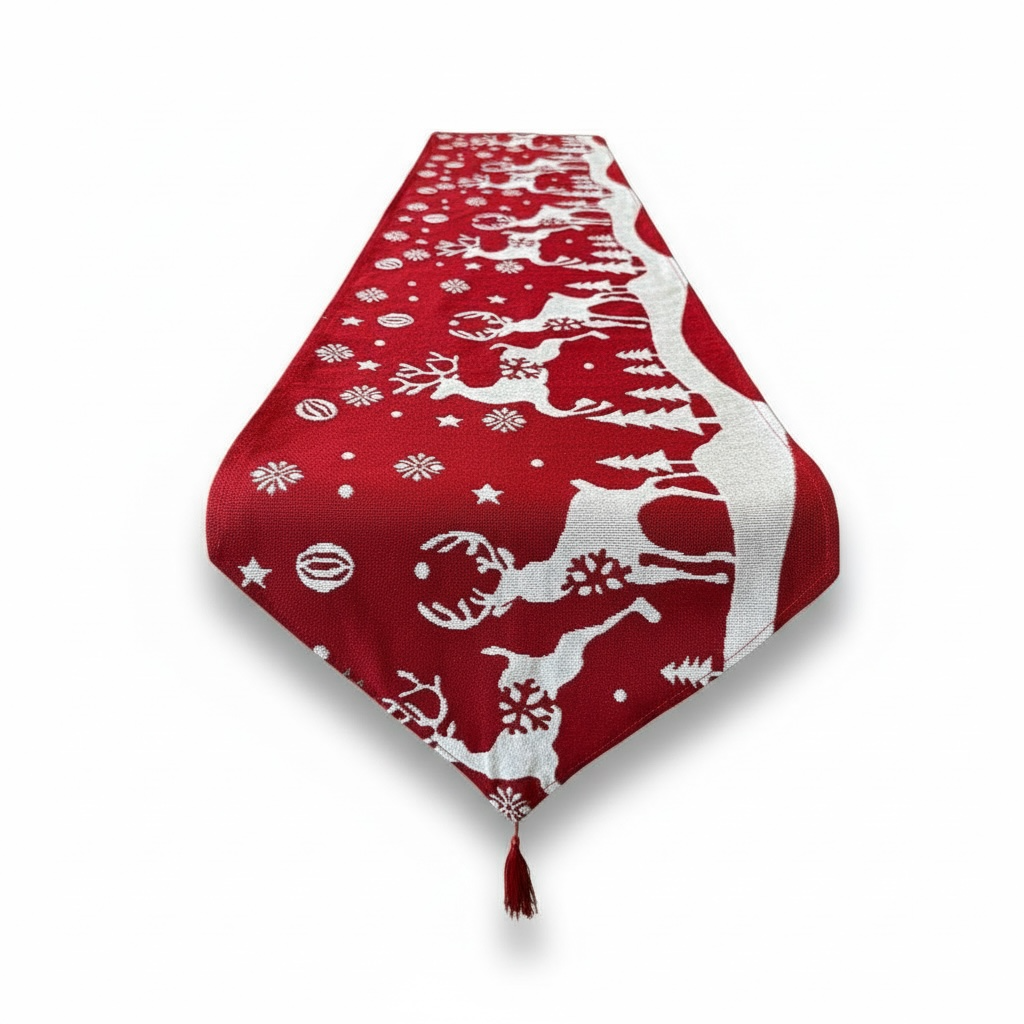 Festive Red Christmas Table Runner – 30 × 180 cm – Reindeer & Snowflake Design