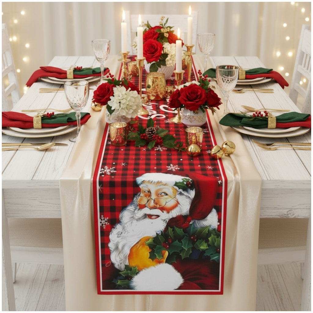 Beautiful Festive Santa Red Plaid Christmas Table Runner – 30 × 180 cm