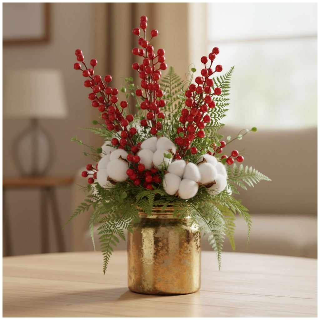 63cm Red Holly Berry Stems (Set of 4)–Beautiful Decorative Stalks for Vase