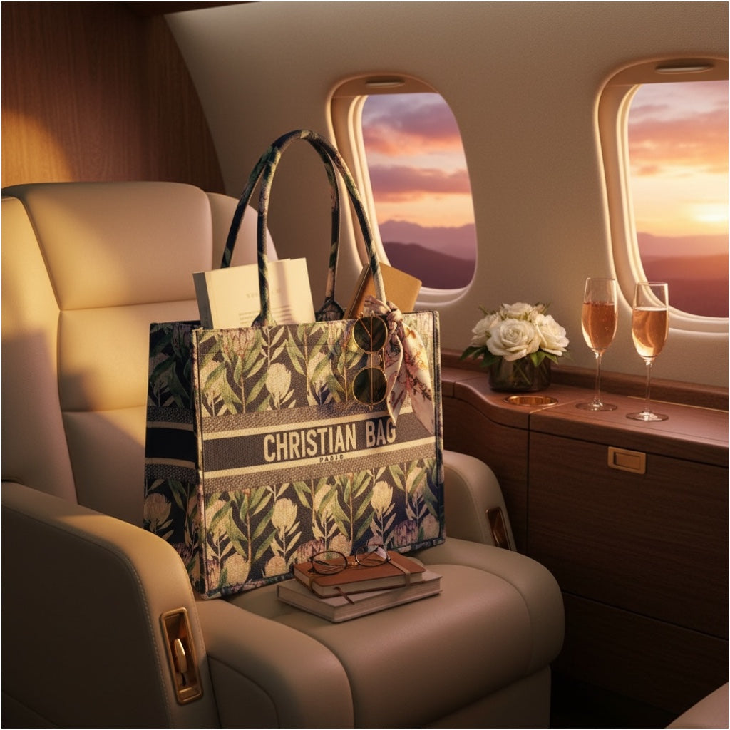 Chic Botanical Print Canvas Tote Bag with Matching Pouch