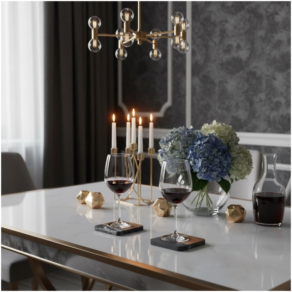 Elegant Marble and Acacia Wood Coasters - Set of 4 -Square Anti Slip Design