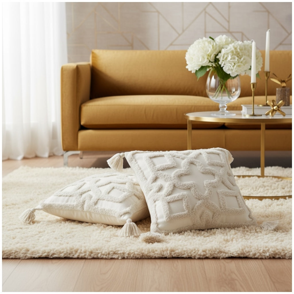 Elegant Tufted Cushion Covers - Set of 2 - Tassels Textured Decor 45x45cm