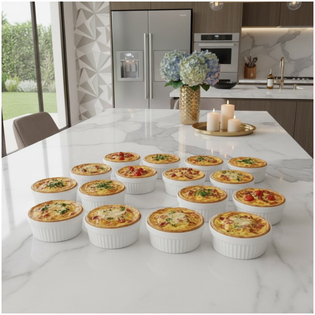 White Porcelain Ramekins Set of 12–Classic Ribbed Dessert and Baking Bowls