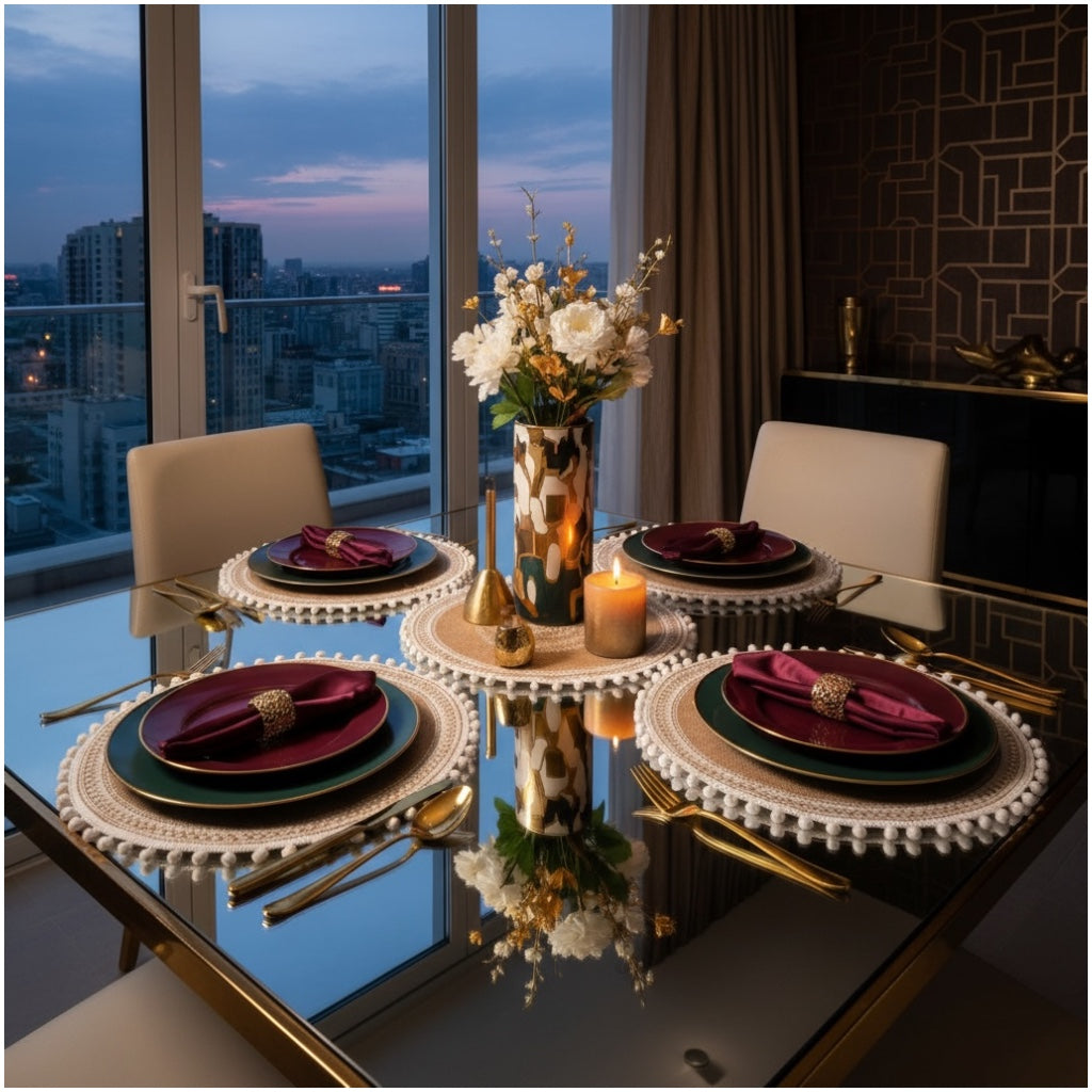 Luxury Boho Woven Round Placemat with Pom Edge – Khaki and White- Set of 4