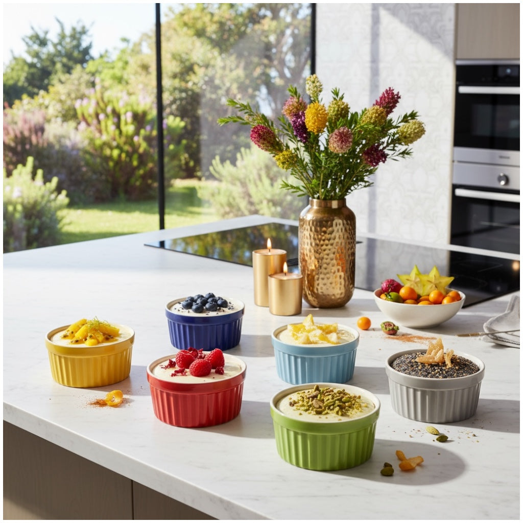 6 Piece Colourful Porcelain Ramekins - Oven Safe - Beautiful Dessert Set