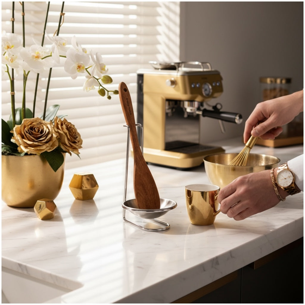 Stylish and Elegant Wooden Serving Spoon with Silver Stand and Drip Tra