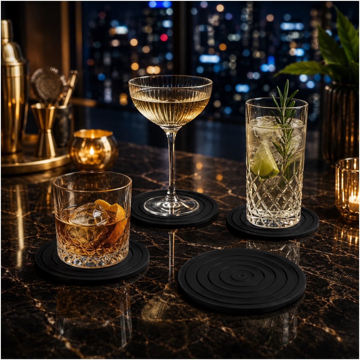 Essential Modern 4 Piece Black Silicone Coaster Set for Cups and Glasses