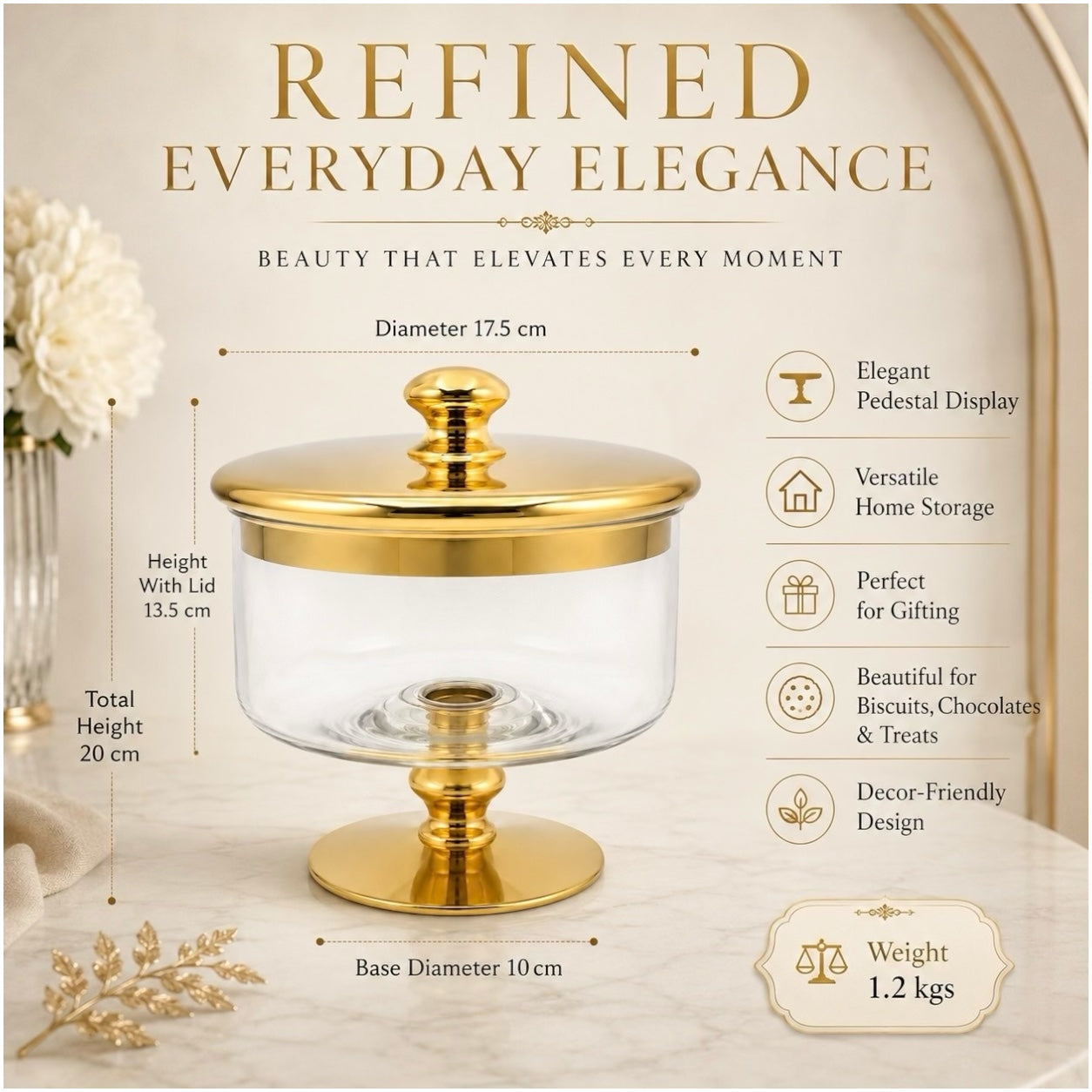 Beautiful Gold Glass Storage Jar with Lid–20cm-Elegant Pedestal Biscuit Jar