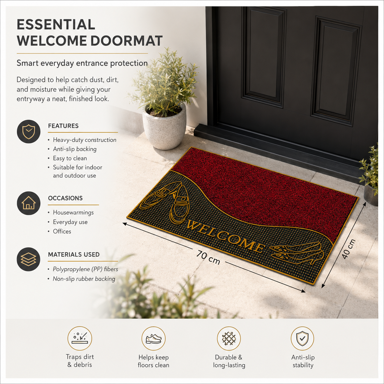 Heavy Outdoor Entrance Door Mat 70 x 40 cm | Non-Slip Dirt Trapper Rug