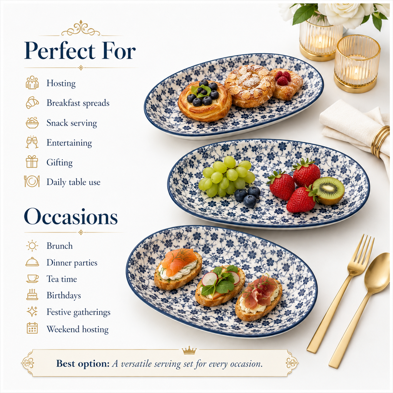 Elegant Blue and White Ceramic Serving Platter Set – Set of 3 - 30 cm