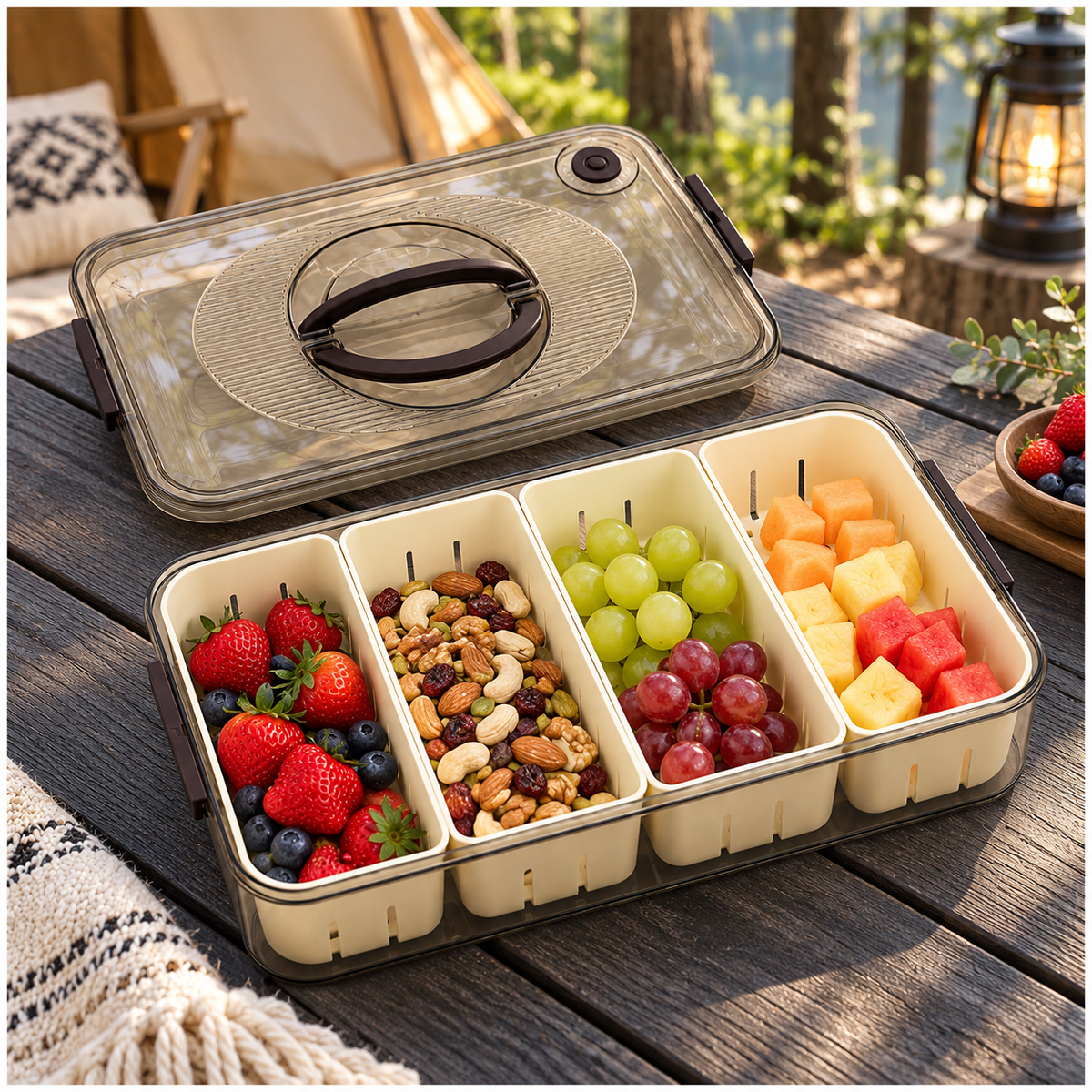 Portable 4-Compartment Snack Platter for Home, Picnics, Parties and Travel