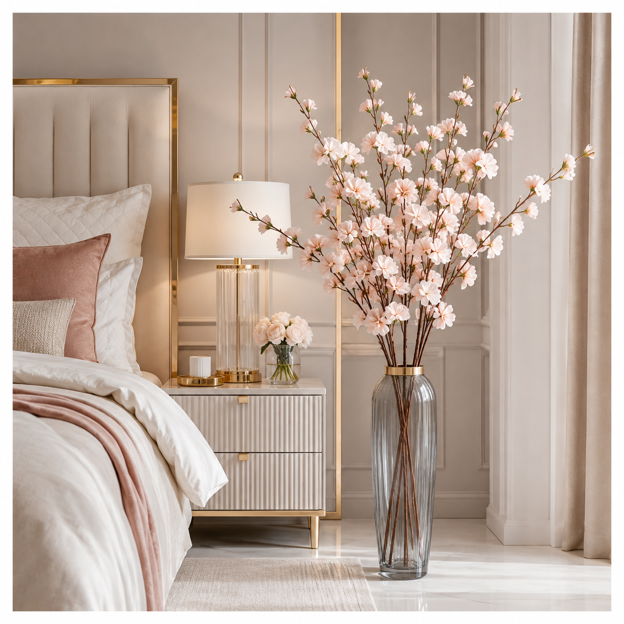 Elegant Faux 2 Cherry Blossom Stems - 85cm- White or Peach Floral Decor