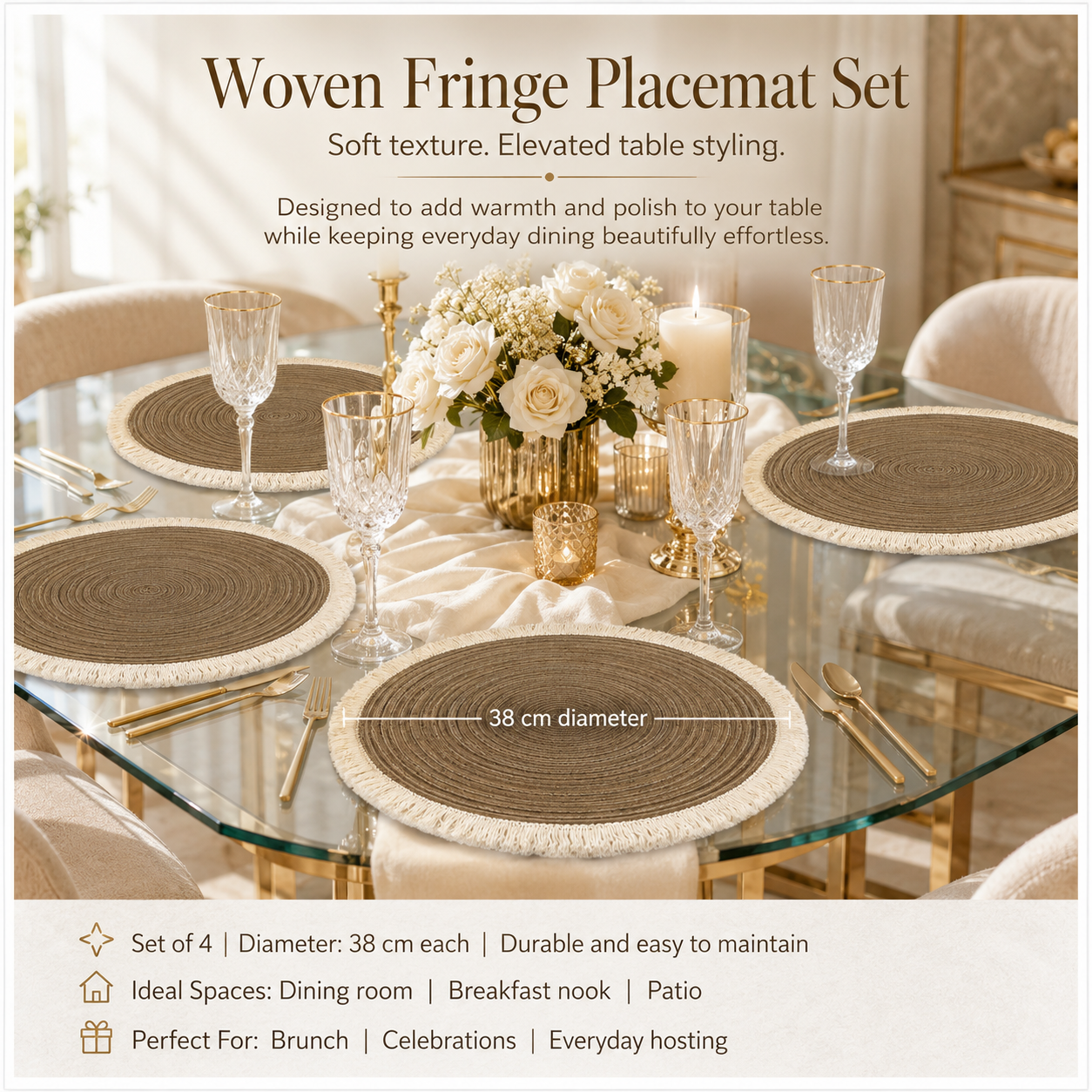Essential 4-Piece Round Woven Fringe Placemat Set – 38 cm