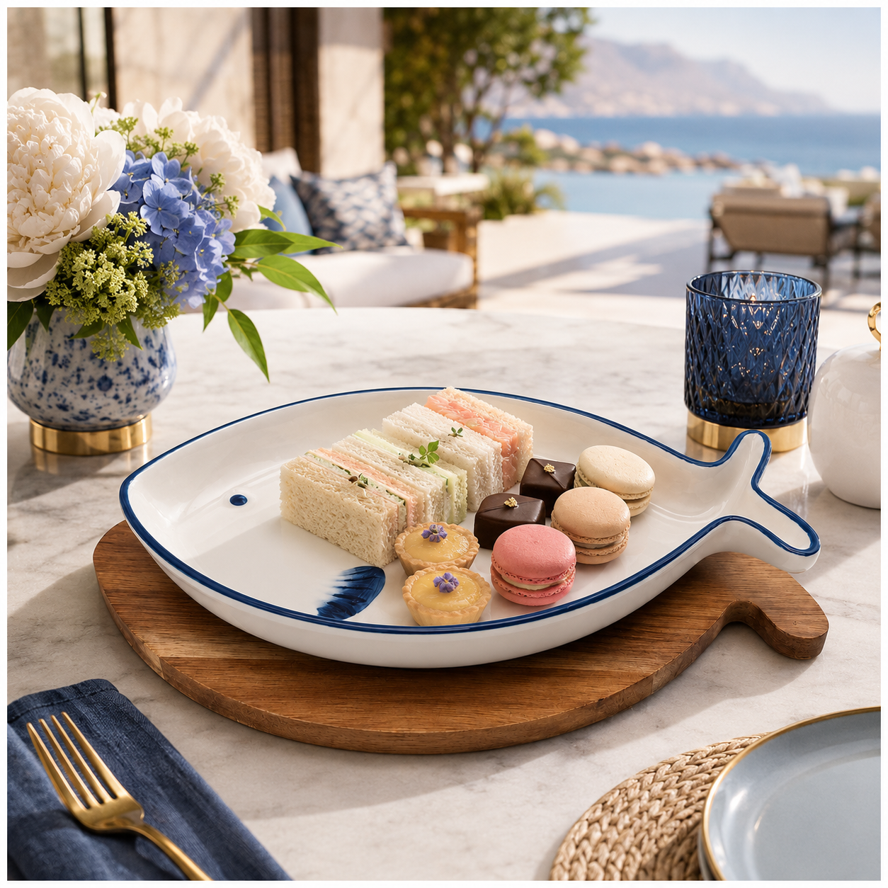 Fish Shaped Snack Serving Platter with Wooden Tray – Ceramic & Acacia Wood Serveware Set