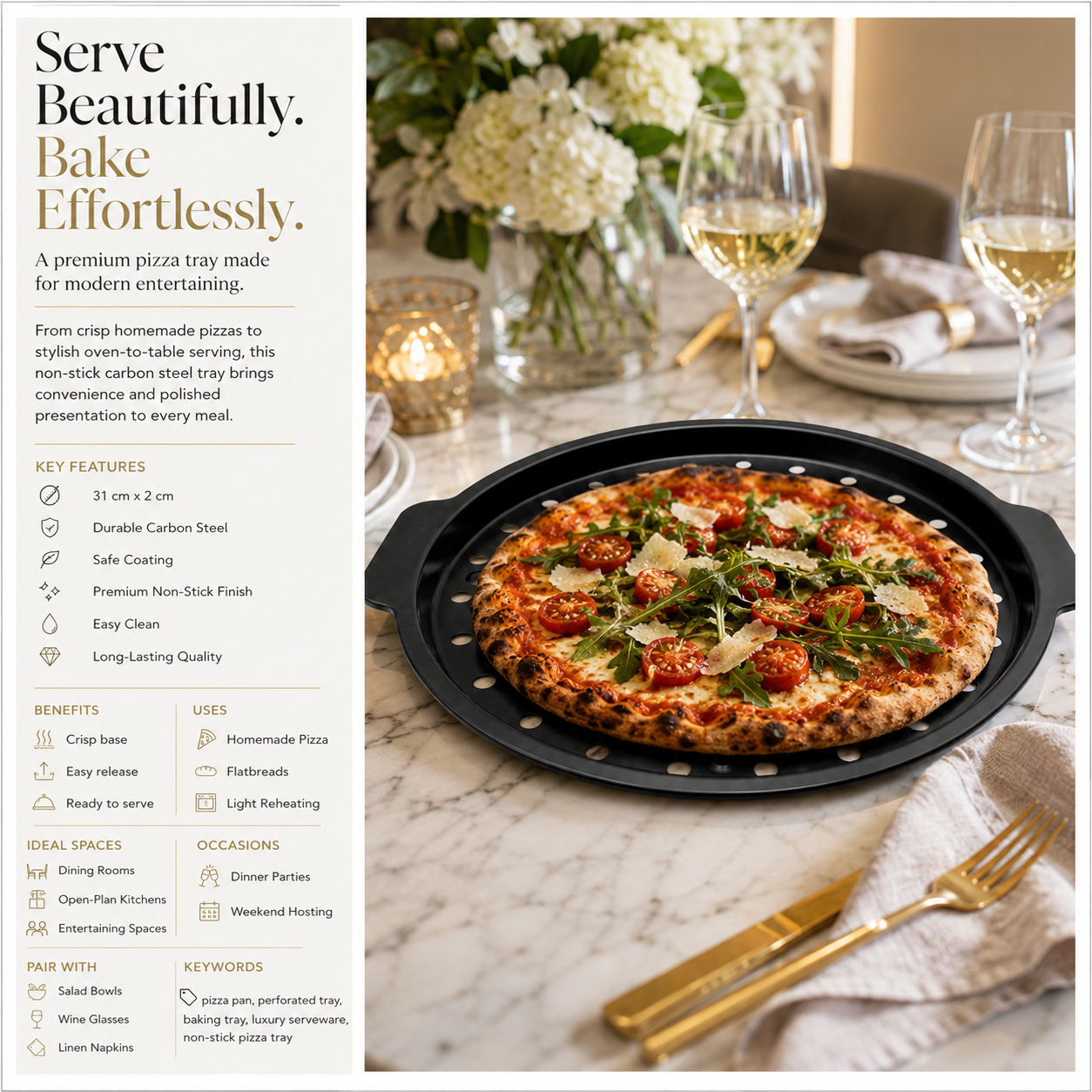 Crisp-Crust Non-Stick Pizza Tray –Carbon Steel Oven-to-Table Bakeware -31cm