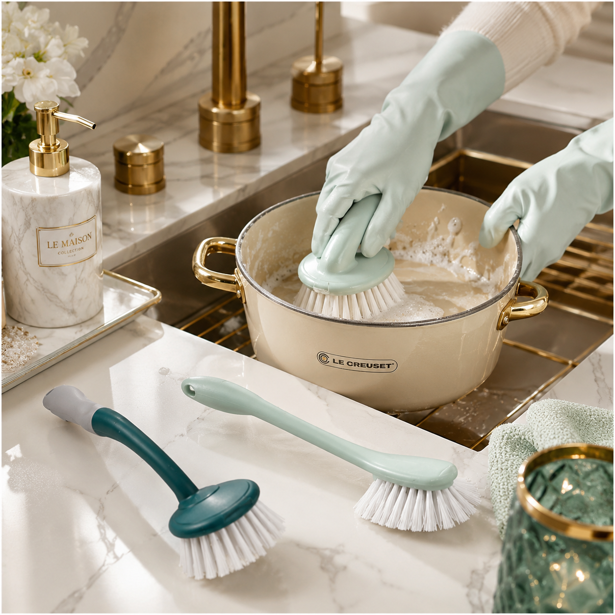 Essential 3 Piece Dish Brush Set with Palm Brush and Glass Cleaning Brush